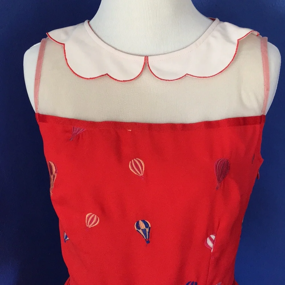 Nishe Red dress with multicolor embroidered hot air balloons & Peter Pan collar - Picture 9 of 15